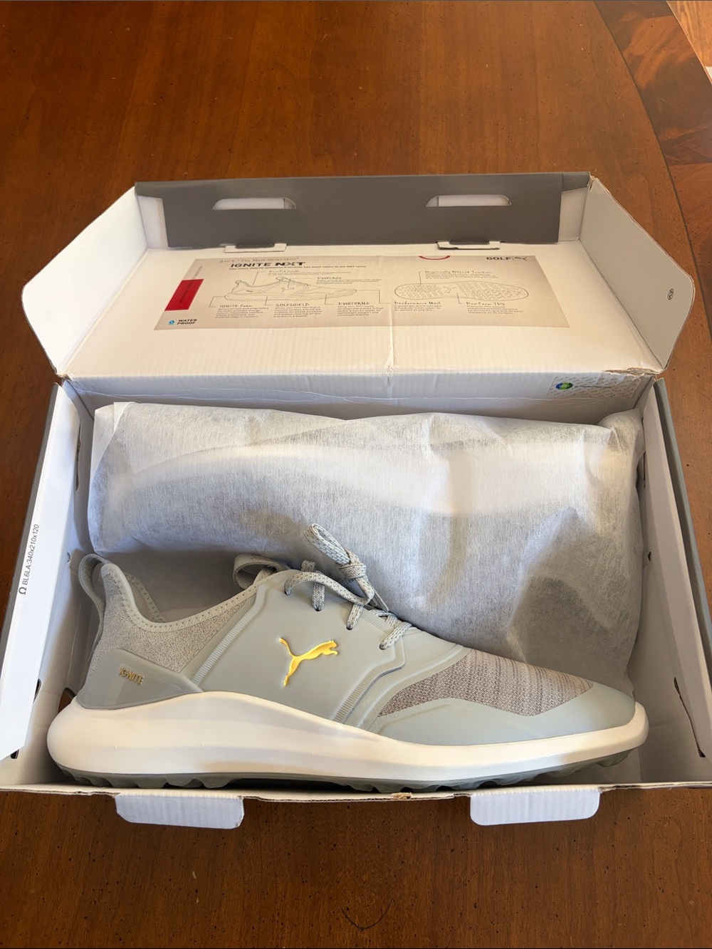 Puma Men’s IGNITE NXT Light Gray Golf Shoes with Gold Logo